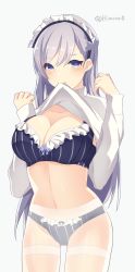Rule 34 | 1girl, alternate costume, azur lane, belfast (azur lane), blue bra, blue eyes, blue panties, blush, bra, braid, breasts, cleavage, closed mouth, clothes lift, cowboy shot, french braid, frilled bra, frilled panties, frills, grey background, highres, himino0, large breasts, lifted by self, long sleeves, looking at viewer, maid headdress, mouth hold, panties, pantyhose, silver hair, simple background, sleeves past wrists, smile, solo, standing, striped bra, striped clothes, striped panties, sweater, sweater lift, swept bangs, thighband pantyhose, twitter username, underwear, vertical-striped bra, vertical-striped clothes, vertical-striped panties, w arms, white pantyhose, white sweater