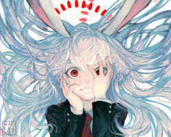 Rule 34 | 1girl, animal ears, arms up, artist name, black jacket, crazy eyes, crazy smile, danmaku, dress shirt, floating hair, grin, hair between eyes, hand over eye, hands on own face, jacket, light particles, long hair, looking at viewer, mochacot, necktie, open clothes, open jacket, peeking through fingers, rabbit ears, red eyes, red necktie, reisen udongein inaba, shirt, silver hair, smile, solo, suit jacket, teeth, tie clip, touhou, upper body, very long hair, white background, white shirt, wide-eyed