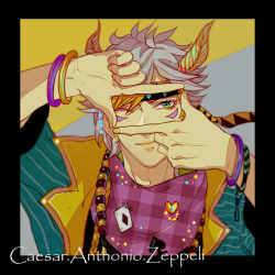 Rule 34 | 1boy,  canto, alternate costume, bad id, bad pixiv id, bracelet, caesar anthonio zeppeli, facial mark, feather hair ornament, feathers, finger frame, grey hair, hair ornament, headband, jewelry, jojo no kimyou na bouken, male focus, necklace, one eye closed, solo