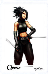 Rule 34 | 1girl, acquire, ayame, ayame (tenchuu), bad deviantart id, bad id, bare shoulders, black eyes, black hair, dual wielding, elbow gloves, fingerless gloves, from software, gloves, hand on own hip, highres, hip vent, holding, midriff, navel, ninja, ninjatou, omar dogan, shirt, short sword, signature, sleeveless, sleeveless shirt, sleeveless turtleneck, solo, sword, tenchu, tenchuu, turtleneck, weapon