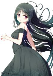 Rule 34 | 1girl, alternate hair color, aties20, bare shoulders, black dress, black hair, blush, braid, cevio, commentary request, dress, floating hair, from side, hair ornament, hairclip, ia (vocaloid), long hair, looking at viewer, looking to the side, nail polish, off-shoulder dress, off shoulder, parted bangs, parted lips, red eyes, red nails, simple background, solo, very long hair, vocaloid, white background
