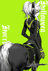 Rule 34 | 1girl, animal ears, arknights, bodysuit, centaur, closed mouth, english text, gloves, green background, headgear, headphones, high ponytail, highres, horse ears, horse tail, looking at viewer, looking back, medium hair, mizuno star, monster girl, monsterification, muzzle, nearl (arknights), ponytail, saddle, signature, simple background, solo, stirrups (riding), tail, taur, yellow eyes