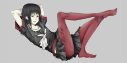 1boy androgynous artist_request bad_id bad_pixiv_id black_hair earrings highres jewelry koga_norio long_hair looking_at_viewer male_focus narutaru pantyhose trap