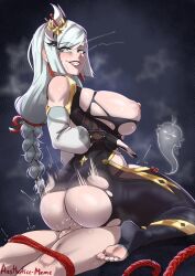Rule 34 | 1girl, absurdres, aestheticc-meme, aether (genshin impact), ass, black gloves, blue eyes, bodysuit, braid, breasts, clothing cutout, cowgirl position, earrings, genshin impact, girl on top, gloves, grey hair, hair ornament, hair over one eye, hetero, highres, hip vent, jewelry, large breasts, long hair, looking at viewer, low-braided long hair, low-tied long hair, motion lines, penis, sex, shenhe (genshin impact), solo, straddling, very long hair, white hair