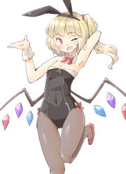 Rule 34 | 1girl, ;d, alternate costume, animal ears, arm behind head, arm up, armpits, arnest, black leotard, black pantyhose, blonde hair, bow, bowtie, breasts, commentary, covered navel, cowboy shot, crystal, detached collar, fake animal ears, fake tail, fang, flandre scarlet, gesture, high heels, highres, leg up, leotard, looking at viewer, low wings, medium hair, one eye closed, one side up, open mouth, pantyhose, playboy bunny, rabbit ears, rabbit tail, red bow, red bowtie, red eyes, red footwear, simple background, skin fang, small breasts, smile, solo, standing, standing on one leg, strapless, strapless leotard, tail, thigh gap, touhou, white background, wing collar, wings, wrist cuffs