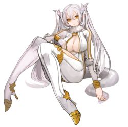 Rule 34 | 00s, 1girl, bad id, bad twitter id, blonde hair, borrowed character, breasts, cleavage, final fantasy, final fantasy xi, fur trim, galka, high heels, horns, long hair, pixiv fantasia, pointy ears, pupps, sitting, smile, solo, tail, white background, white hair