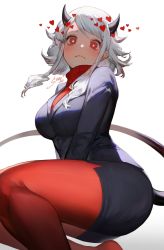 Rule 34 | 1girl, black horns, black skirt, black suit, blush, breasts, demon girl, demon horns, demon tail, formal, heart, heart-shaped pupils, helltaker, highres, horns, large breasts, long hair, long sleeves, looking at viewer, modeus (helltaker), pantyhose, pencil skirt, red eyes, red sweater, ribbed sweater, signature, simple background, skirt, solo, srro yo, suit, sweater, symbol-shaped pupils, tail, turtleneck, white background, white hair