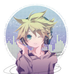 Rule 34 | 1boy, androgynous, blonde hair, green eyes, headphones, hekicha, kagamine len, male focus, musical note, open mouth, solo, vocaloid, wink