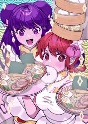 Rule 34 | 2girls, absurdres, apron, bamboo steamer, baozi, blush, braid, chinese clothes, colored eyelashes, double bun, egg (food), flower, food, food in mouth, food on head, frilled apron, frills, hair bun, hair flower, hair ornament, highres, holding, holding tray, long hair, looking at food, looking at viewer, multiple girls, noodles, nostresstuna, object on head, open mouth, patterned background, pink flower, purple eyes, purple hair, ramen, ranma-chan, ranma 1/2, red eyes, red hair, shampoo (ranma 1/2), sparkle, sparkling eyes, tray, upper body