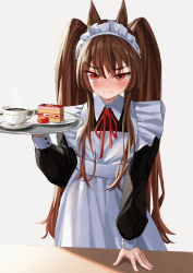 Rule 34 | 1girl, absurdres, angelina (arknights), animal ears, apron, arknights, blush, brown hair, cake, cake slice, coffee, coffee cup, cup, disposable cup, dress, food, frown, highres, long hair, looking at viewer, maid, maid apron, maid headdress, red eyes, reesen, simple background, solo, tea, teacup, twintails, very long hair