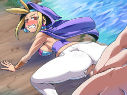 Rule 34 | blonde hair, blush, brown eyes, cape, censored, clothed sex, earrings, from behind, highres, jewelry, looking back, shantae (series), sky (shantae), torn clothes, tukiwani, vaginal, wayforward