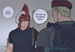 Rule 34 | 2boys, animal hat, black shirt, blonde hair, brown hair, clenched teeth, english text, hair between eyes, hat, jack krauser, leon s. kennedy, male focus, multiple boys, profanity, red headwear, resident evil, resident evil 4, resident evil 4 (remake), sardine (kjr0313), shirt, signature, speech bubble, teeth, toned, toned male, upper body