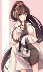 Rule 34 | 1girl, absurdres, alternate costume, bag, blush, breasts, brown eyes, brown hair, brown sweater, cherry blossoms, closed mouth, coat, flower, gloves, hair between eyes, hair flower, hair ornament, highres, himeyamato, kantai collection, large breasts, long hair, long sleeves, looking at viewer, ponytail, ribbed sweater, smile, solo, sweater, very long hair, white coat, white gloves, yamato (kancolle)