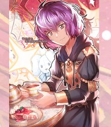 Rule 34 | 1girl, bernadetta von varley, cake, closed mouth, commission, cup, fire emblem, fire emblem: three houses, food, grey eyes, hellyon white, holding, holding cup, hood, hood down, long sleeves, nintendo, plate, purple hair, short hair, solo, stuffed animal, stuffed rabbit, stuffed toy, teacup, teapot, twitter username, uniform