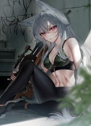 Rule 34 | 1girl, abs, animal ear fluff, animal ears, bare shoulders, black gloves, black pants, bra, breasts, bullpup, cleavage, fine fabric emphasis, fingerless gloves, fox ears, gloves, green bra, grey hair, gun, highres, holding, holding gun, holding weapon, jacket, kawachi rin, knee up, long hair, looking at viewer, medium breasts, midriff, navel, off shoulder, open clothes, open jacket, original, pants, partially unzipped, red eyes, rifle, scar, scar on stomach, scope, shoes, sitting, sniper rifle, solo, stomach, underwear, walther, walther wa 2000, weapon, white jacket