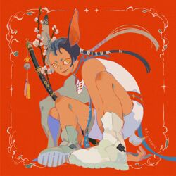 Rule 34 | 1boy, absurdres, animal ears, chinese new year, chinese zodiac, collar, flower, framed, grin, highres, looking at viewer, mochipanko, open mouth, rabbit ears, rabbit tail, red collar, red theme, sheath, sheathed, shirt, shorts, sleeveless, smile, squatting, sword, tail, tan, weapon, white flower, white footwear, white shirt, white shorts, yellow eyes
