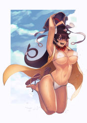 Rule 34 | 1girl, bead necklace, beads, bikini, breasts, cleavage, cloud, cloudy sky, collarbone, commentary request, day, earrings, fate/grand order, fate (series), hair between eyes, hat, headpiece, hoop earrings, jewelry, jumping, large breasts, md5 mismatch, navel, necklace, open mouth, outdoors, purple eyes, resolution mismatch, sandals, sky, sleeveless, source larger, sungwon, swimsuit, white bikini, xuangzang sanzang (fate)
