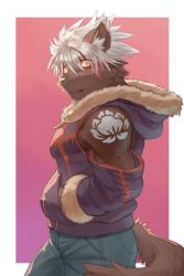 Rule 34 | animal ears, animal nose, birry, blush, border, brown fur, colored sclera, commentary request, detached sleeves, dog boy, dog ears, dog tail, fur-trimmed jacket, fur trim, furry, furry male, gradient background, highres, hood, hood down, hooded jacket, jacket, looking at viewer, muscular, muscular male, outside border, pink background, red eyes, scar, scar on face, short hair, shoulder tattoo, snout, tadatomo (housamo), tail, tattoo, tokyo houkago summoners, upper body, white border, white hair, yellow sclera