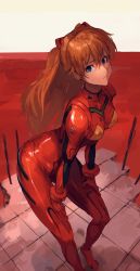 Rule 34 | 1girl, blue eyes, bodysuit, breasts, closed mouth, full body, hair between eyes, hair ornament, hands on own thighs, highres, lcl, long hair, looking at viewer, nasubin (nasubisamurai15), neon genesis evangelion, orange hair, outdoors, plugsuit, red bodysuit, red theme, shiny clothes, skin tight, solo, souryuu asuka langley, two side up, wide hips