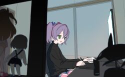 Rule 34 | 1girl, at computer, black sweater, commentary, drawing, drawing tablet, figure, from side, fusuma, green eyes, grey shorts, hatoba tsugu, highres, holding, holding stylus, house, indoors, natori sana, nendoroid, null-meta, on chair, open mouth, orca, purple hair, rytoua318, sana channel, shinohara kogome, short shorts, short twintails, shorts, sitting, sliding doors, smile, solo, stylus, sweater, tsugu (vtuber), turtleneck, turtleneck sweater, twintails, virtual youtuber
