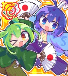 Rule 34 | &gt; o, 2girls, :3, ahoge, alternate costume, animal print, arm up, blue eyes, blush, border, commentary request, dual wielding, fang, food print, green hair, green hakama, hakama, hakama pants, hand fan, haori, highres, holding, holding fan, japanese clothes, kimono, long hair, long sleeves, looking at viewer, looking to the side, multiple girls, one eye closed, open mouth, orange background, orange outline, otomachi una, outside border, outstretched arms, pants, paper fan, print haori, purple hair, purple hakama, richard (richaball), sandals, smile, socks, spread arms, sunburst, sunburst background, topknot, vocaloid, voicevox, white border, white socks, wide sleeves, yellow kimono, zouri, zundamon