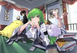Rule 34 | 1boy, 1girl, ass, barefoot, bedroom, black hair, black shirt, blush, breast rest, breasts, c.c., code geass, dress, feet, feet together, feet up, food, green hair, head rest, highres, lelouch vi britannia, long sleeves, looking at viewer, lying, medium breasts, on stomach, pizza, shirt, skin tight, skindentation, soles, the pose, toes, white dress, whoopin, yellow eyes