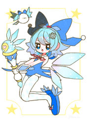 Rule 34 | 1girl, blue dress, blue eyes, blue footwear, blue hair, bow, card (medium), circled 9, cirno, dotaku (wran8845), dress, earrings, fairy, film grain, footwear ornament, gloves, hair bow, hair ornament, heart, holding, holding wand, ice, ice wings, jewelry, looking at viewer, magical girl, open mouth, red neckwear, short hair, sleeveless, snowflake hair ornament, snowflake print, t t, touhou, wand, white gloves, white legwear, wings, yume kawaii