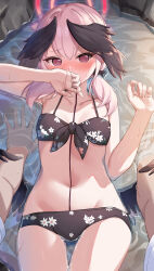 Rule 34 | 1boy, 1girl, @ @, absurdres, bikini, black bikini, black bow, black wings, blue archive, blush, bow, breasts, commentary request, covering own mouth, floral print, hair bow, halo, head wings, hetero, highres, koharu (blue archive), koharu (swimsuit) (blue archive), looking at viewer, low wings, lying, medium hair, navel, official alternate costume, on back, partially submerged, pink eyes, pink hair, pizza (pizzania company), pov, red halo, small breasts, swimsuit, twintails, wet, wings