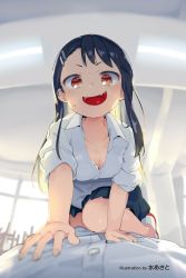 Rule 34 | 1girl, :d, all fours, artist name, black hair, blue skirt, blurry, blush, bra, breasts, brown eyes, ceiling light, classroom, cleavage, depth of field, downblouse, dress shirt, ear piercing, fang, fisheye, foreshortening, girl on top, hair ornament, hairclip, highres, ijiranaide nagatoro-san, indoors, long hair, looking at viewer, lying, mizu asato, nagatoro hayase, non-web source, on stomach, open mouth, piercing, school uniform, shirt, shoes, skin fang, skirt, sleeves rolled up, small breasts, smile, solo focus, sunlight, sweatdrop, tan, underwear, untucked shirt, uwabaki, wing collar
