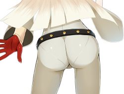 Rule 34 | 1girl, arc system works, ass, belt, bodysuit, close-up, from behind, gloves, guilty gear, guilty gear xrd, head out of frame, jack-o&#039; valentine, kuroshiro (ms-2420), long hair, pants, pantylines, platinum blonde hair, red gloves, shiny clothes, simple background, skin tight, solo, standing, thigh gap, tight clothes, tight pants, white background