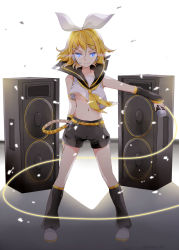 Rule 34 | 1girl, belt, black shorts, blonde hair, blue eyes, bow, breasts, crop top, detached sleeves, full body, hair between eyes, hair bow, hair ornament, hazuki natsu, headset, highres, holding, holding microphone, kagamine rin, leg warmers, microphone, midriff, navel, neckerchief, shirt, short hair, short shorts, shorts, signature, sleeveless, sleeveless shirt, small breasts, smile, solo, standing, stomach, underboob, vocaloid, white background, white bow, white footwear, white shirt, yellow neckerchief