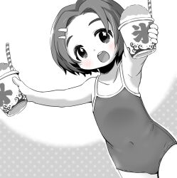 Rule 34 | 1girl, armpits, bare arms, bare shoulders, blush, collarbone, commentary request, competition school swimsuit, covered navel, cup, disposable cup, dutch angle, flower in eye, food, forehead, grey background, hair ornament, hairclip, highres, holding, holding cup, idolmaster, idolmaster cinderella girls, idolmaster cinderella girls u149, kooribata, lemon pan, looking at viewer, monochrome, open mouth, polka dot, polka dot background, ryuzaki kaoru, school swimsuit, shaved ice, short hair, solo, spot color, swimsuit, symbol in eye, teeth, thick eyebrows, two-tone background, upper teeth only, white background