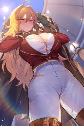 Rule 34 | 1girl, ahoge, aiguillette, blonde hair, blush, breasts, bursting breasts, cape, choker, cleavage, cleavage cutout, clothing cutout, cropped jacket, fingerless gloves, fist in hand, frown, fur-trimmed cape, fur trim, gloves, high-waist pants, highres, large breasts, long hair, looking at viewer, looking down, mendou kusai, narrowed eyes, original, pants, pants tucked in, shinai, solo, sparkle, sun, sweatdrop, sword, tassel, thighs, tight clothes, tight pants, wavy hair, weapon, white pants, yellow eyes