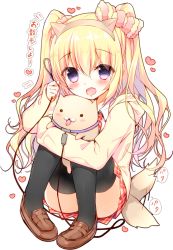 Rule 34 | 1girl, :3, :d, :p, animal ears, black thighhighs, blonde hair, blush, bow, brown footwear, commentary, dog, dog ears, dress shirt, fake animal ears, fang, full body, hair between eyes, hair bow, hairband, hand up, heart, holding, holding leash, hood, hoodie, leash, loafers, long hair, looking at viewer, necktie, open clothes, open hoodie, open mouth, original, pigeon-toed, plaid, plaid necktie, plaid neckwear, plaid skirt, pleated skirt, purple eyes, red necktie, red skirt, school uniform, shirt, shoes, sidelocks, simple background, sitting, skirt, smile, solo, speech bubble, tail, tail wagging, tareme, thighhighs, thighs, tongue, tongue out, twintails, wavy hair, white background, white shirt, yadapot