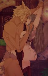 Rule 34 | 10s, 1boy, 1girl, animal ears, blonde hair, breasts, brown hair, cat ears, cat tail, clothed female nude male, clothed sex, closed eyes, facial hair, facial mark, final fantasy, final fantasy xiv, held up, hetero, highres, kiss, large breasts, long hair, miqo&#039;te, nude, sex, standing, strangling, suspended congress, tail, vaginal
