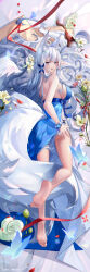Rule 34 | 1girl, absurdres, alcohol, animal ear fluff, animal ears, azur lane, backless dress, backless outfit, barefoot, blue butterfly, blue dress, blue eyes, bouquet, breasts, bug, butterfly, chinese commentary, cup, dress, drinking glass, evening gown, flower, fox ears, full body, grey hair, hair ornament, halter dress, halterneck, highres, insect, kitsune, large breasts, large tail, looking at viewer, lying, maoao, multiple tails, official alternate costume, on stomach, pink flower, red ribbon, red wine, ribbon, rose, shinano (azur lane), shinano (dreams of the hazy moon) (azur lane), spill, tail, white flower, white rose, white tail, wine, wine glass, wrist flower