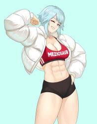 Rule 34 | 1girl, abs, arm up, artist name, black shorts, blue background, blue hair, breasts, cleavage, clenched hand, clothes writing, commentary, cowboy shot, crop top, dagr (fire emblem), fire emblem, fire emblem heroes, grin, jacket, long sleeves, looking at viewer, medium breasts, meziosaur, midriff, navel, nintendo, one eye closed, open clothes, open jacket, short hair, short shorts, shorts, simple background, smile, solo, sports bra, standing, stomach, thighs, white jacket, yellow eyes