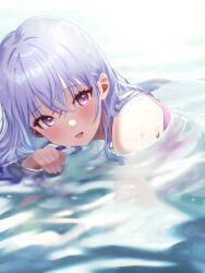 Rule 34 | 1girl, bare shoulders, blue hair, blush, dot nose, hair between eyes, hand up, highres, idolmaster, idolmaster shiny colors, idolmaster shiny colors song for prism, long hair, looking at viewer, nail polish, open mouth, partially submerged, purple eyes, purple nails, ripples, sakamomo, smile, solo, suzuki hana, wet