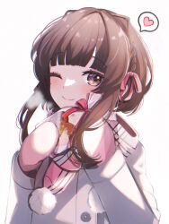 Rule 34 | 1girl, blush, brown eyes, brown hair, buttons, candy, chocolate, chocolate heart, closed mouth, coat, food, heart, highres, kantai collection, long sleeves, mittens, official alternate costume, one eye closed, pink mittens, pink scarf, pom pom (clothes), ranran 3939, scarf, short hair with long locks, sidelocks, simple background, smile, solo, spoken heart, ukuru (kancolle), upper body, white background, white coat