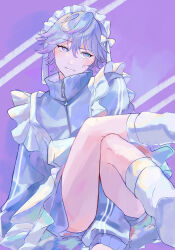 Rule 34 | 1boy, androgynous, anger vein, apron, blush, crossdressing, embarrassed, facing viewer, highres, jersey maid, light purple hair, long sleeves, looking to the side, maid, maid headdress, male focus, miya (38magical), multicolored background, paradox live, purple background, purple eyes, short hair, solo, unconventional maid, white apron, white background, yatonokami nayuta