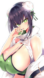Rule 34 | 1girl, bare shoulders, bikini, black hair, blush, breasts, bun cover, cleavage, double bun, fate/grand order, fate (series), green bikini, green eyes, green ribbon, hair bun, hanasaka houcha, highres, jacket, large breasts, long sleeves, looking at viewer, off shoulder, open clothes, open jacket, open mouth, qin liangyu (chainsaw of the dead) (fate), qin liangyu (fate), ribbon, sidelocks, simple background, solo, swimsuit, tearing up, white background, white jacket