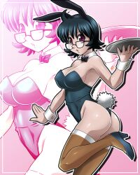 Rule 34 | 1girl, :o, ass, black hair, breasts, brown thighhighs, cleavage, female focus, glasses, high heels, highres, hoimin (anchangdeath), hunter x hunter, large breasts, leotard, looking at viewer, open mouth, playboy bunny, purple eyes, rabbit ears, rabbit tail, shiny skin, shizuku murasaki, short hair, solo, thighhighs