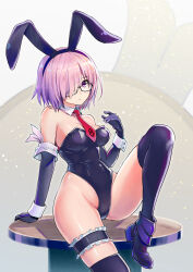 Rule 34 | 1girl, absurdres, alternate costume, animal ears, arm support, armpit crease, black-framed eyewear, black gloves, black leotard, black thighhighs, blush, breasts, collar, commentary request, commission, curvy, detached collar, elbow gloves, eyelashes, fake animal ears, fate/grand order, fate (series), foot out of frame, frilled straps, glasses, gloves, grey background, groin, hair over one eye, hand up, highleg, highleg leotard, highres, honshiro nikori, knee up, large breasts, leaning back, leotard, light purple hair, looking at viewer, mash kyrielight, medium hair, necktie, on table, one eye covered, parted lips, partial commentary, playboy bunny, purple eyes, rabbit ears, red necktie, shiny skin, simple background, sitting, skeb commission, solo, table, thigh strap, thighhighs, thighs, variant set, white collar, white wrist cuffs, wrist cuffs