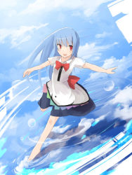 Rule 34 | 1girl, barefoot, blouse, blue dress, blue hair, bow, cloud, cloudy sky, day, dress, from above, full body, hinanawi tenshi, large bow, long hair, looking at viewer, no headwear, open mouth, puffy short sleeves, puffy sleeves, red bow, red eyes, reflection, ripples, running, shirt, short sleeves, sky, smile, solo, tetsurou (fe+), touhou, wading, white shirt, wing collar