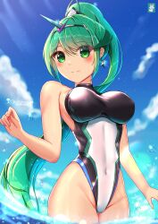 Rule 34 | 1girl, black one-piece swimsuit, blue sky, breasts, chinchongcha, cloud, competition swimsuit, covered navel, day, green eyes, green hair, headpiece, highleg, highleg swimsuit, highres, large breasts, long hair, multicolored clothes, multicolored swimsuit, one-piece swimsuit, outdoors, pneuma (xenoblade), ponytail, sky, solo, swept bangs, swimsuit, turtleneck, very long hair, water, xenoblade chronicles (series), xenoblade chronicles 2