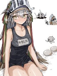 Rule 34 | 1girl, alternate costume, arknights, bare shoulders, bird girl, blush, bow (weapon), breasts, bright pupils, character name, collarbone, crossbow, egg, eyelashes, fartooth (arknights), feather hair, feet out of frame, frown, full-face blush, grey hair, highres, holding, holding crossbow, holding weapon, invisible chair, large breasts, liquid, long hair, looking at viewer, monster, multiple views, name tag, orrdriver, raised eyebrows, school swimsuit, sideways glance, sitting, solo focus, sweat, swimsuit, thick eyebrows, thighs, visor (armor), weapon, white background, white pupils, yellow eyes