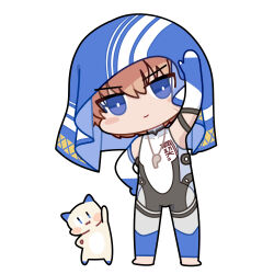 1boy arm_up blue_eyes bright_pupils cat chibi chibi_only chinese_commentary closed_mouth commentary_request covered_collarbone euyueuy full_body hand_on_own_hip lee:_entropy_(oceanic_blues)_(pgr) lee_(pgr) looking_at_viewer male_focus official_alternate_costume orange_hair punishing:_gray_raven smile solo standing stretching towel towel_on_head whistle whistle_around_neck white_pupils