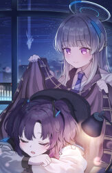 Rule 34 | 2girls, blue archive, blue necktie, closed eyes, closed mouth, collared shirt, grey hair, halo, highres, indoors, jacket, long hair, long sleeves, mechanical halo, multiple girls, necktie, noa (blue archive), open mouth, purple eyes, purple hair, shan (ti0n), shirt, sleeping, smile, two side up, white jacket, white shirt, yuuka (blue archive)