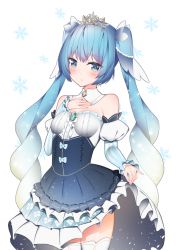 Rule 34 | 1girl, bad id, bad pixiv id, bare shoulders, blue eyes, blue hair, blush, breasts, cowboy shot, detached sleeves, giryu, hand on own chest, hatsune miku, long hair, looking at viewer, simple background, skirt hold, small breasts, snowflakes, solo, standing, thighhighs, tiara, twintails, very long hair, vocaloid, white background, yuki miku