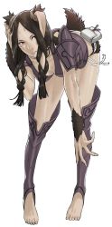 Rule 34 | 1girl, animal ears, armor, barefoot, bent over, boots, braid, breasts, brown hair, rabbit ears, rabbit tail, cleavage, collarbone, facial mark, feet, fire emblem, fire emblem awakening, full body, fur, hand on own head, highres, knee boots, long hair, medium breasts, nintendo, panne (fire emblem), pouch, rabbit girl, red eyes, standing, string belt, taguel, tail, thighs, toeless footwear, twin braids